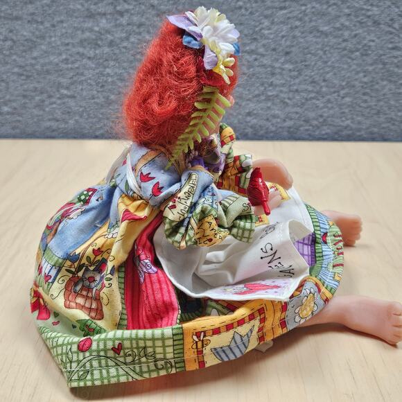 RARE UNIQUE Granny Garden Doll Artist Made Red Hair Cardinal Patchwork Dress - Picture 5 of 9